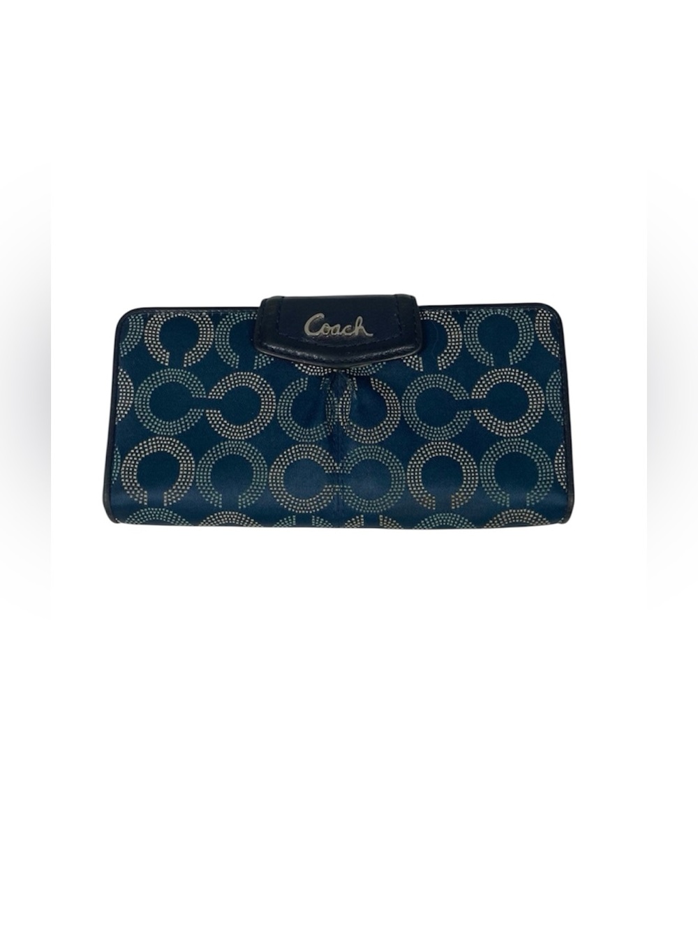 Coach Ashley Dotted Op Art Signature Wallet Sateen Navy Blue Leather Trim